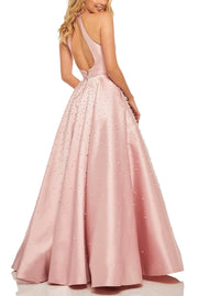 Roiii backless Embedding pearls floor-length long dresses party dresses pink