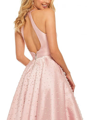Roiii backless Embedding pearls floor-length long dresses party dresses pink