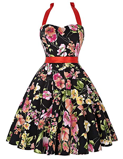 Vintage Dress Women's Halter Neck 1950s Vintage Floral Pattern Swing Dress with Belt