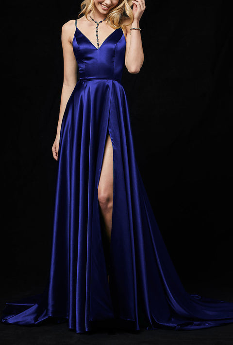 Roiii deep V backless beautiful suspender party dresses long dresses BLUE
