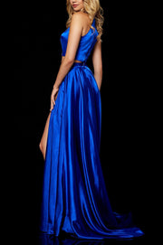 Roiii beautiful Split Open Size slim long dresses party dresses BLUE