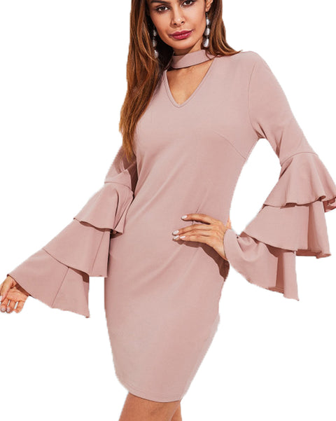 Women Layered Sleeve V Neck Cut Out Pencil Dress