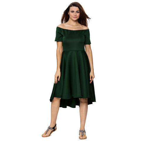 Roiii Summer Solid Casual A-Line Knee-Length Sexy Skirt Short Sleeves Slash Neck Dresses Wedding GREEN
