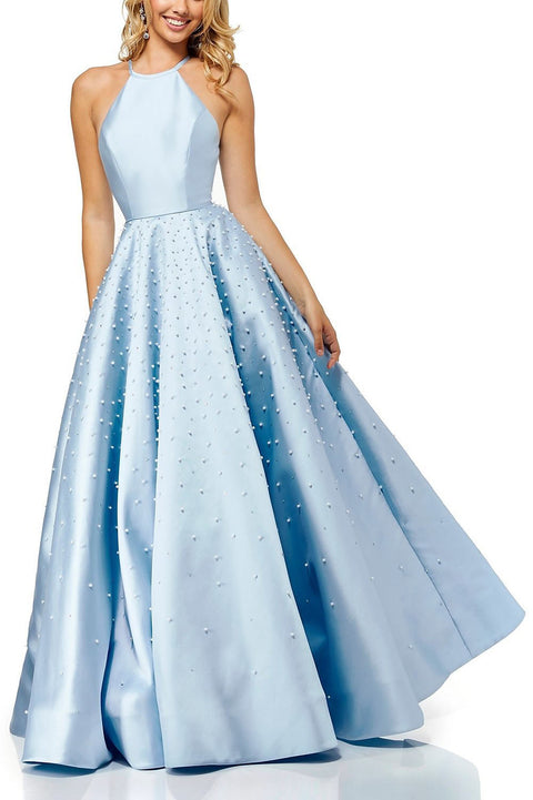 Roiii backless Embedding pearls floor-length long dresses party dresses light blue