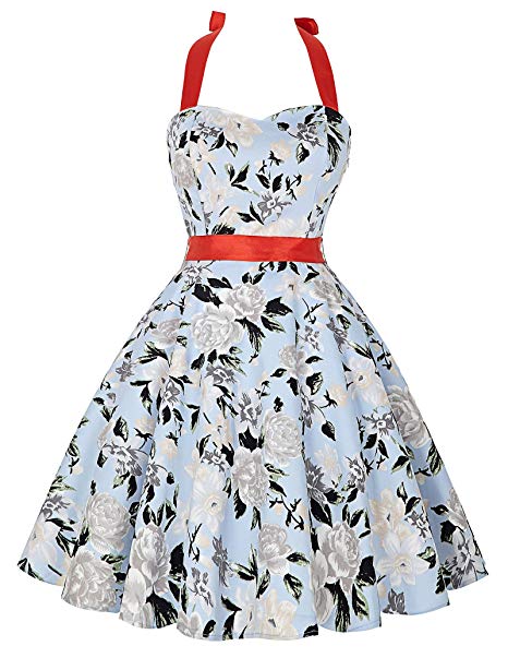 Vintage Dress Women's Halter Neck 1950s Vintage Floral Pattern Swing Dress with Belt