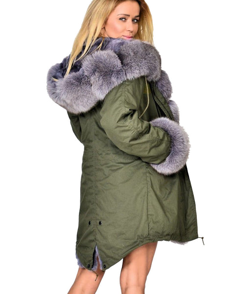 Roiii Thickened Warm Loose AmryGreen Grey Faux Fur Casual Parka Fashion Women Hooded Long Winter Jacket Overcoat EU SIZE 36-50