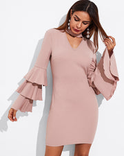Women Layered Sleeve V Neck Cut Out Pencil Dress