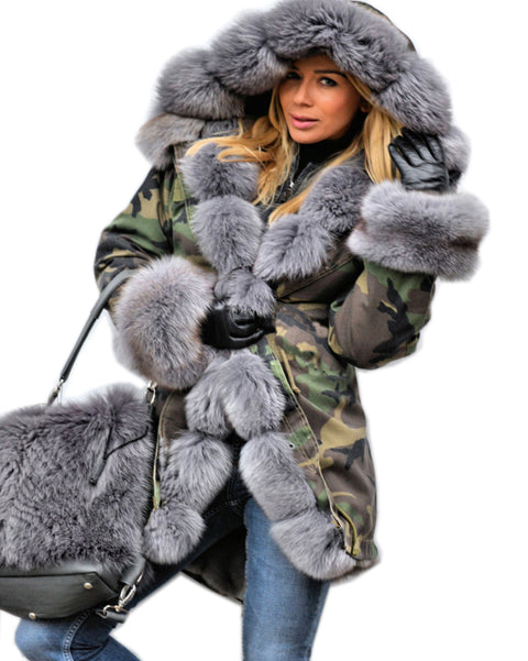 Roiii Thickened Grey Warm Loose  Camouflage Faux Fur Casual Parka Hood Women Hooded Long Winter Jacket Overcoat EU Size 36-50