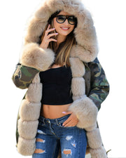 Roiii Thickened Faux Fur Camouflage Black Parka Women Hooded Long Winter Jacket Overcoat
