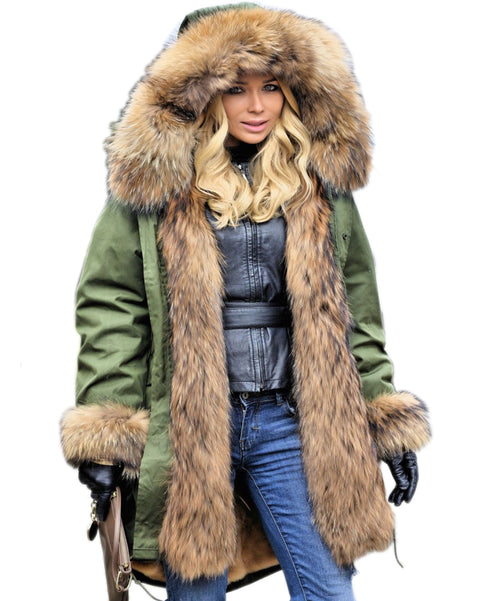 Roiii Thickened Warm Thicken AmryGreen Shade Faux Fur Casual Parka Luxury Women Hooded Long Winter Jacket Overcoat Size S-3XL