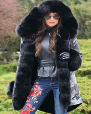 Roiii Women's Thicken Warm Black Camouflage Casual Winter Warm Faux Fur Hooded Plus Size EU 36 40 50 Luxury Parka Jacket Coat