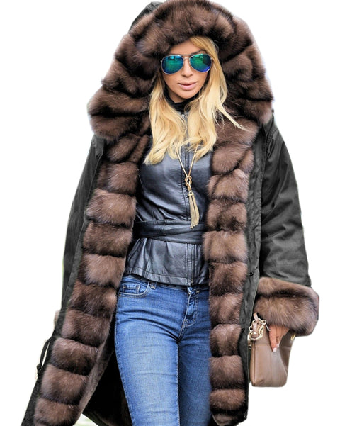 Roiii Thickened Warm Brown Faux Fur Thicken Warm Parka Fashion Women Hooded Long Winter Jacket Coat Parka Overcoat EU Plus Size