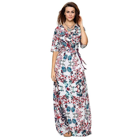 Roiii Womens Vintage Floral Print Short Sleeve Long Dresses Ladies Summer beach Causal Dress With Belt Front Open Bohemia Style