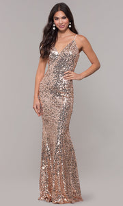 ROIII Ladies V-neck Sequins Gold Sparkly Party Prom Long Dress