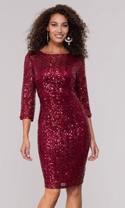 ROIII Ladies Seven-quarter Sleeve Ruby Color Package Hip Sparkly Party Dress