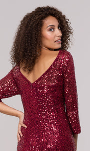ROIII Ladies Seven-quarter Sleeve Ruby Color Package Hip Sparkly Party Dress