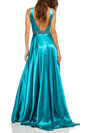 Roiii beautiful deep v-neck floor-length long dresses party dresses turquoise color