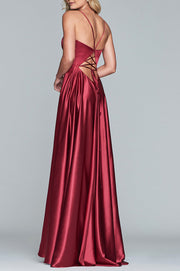 Roiii Women Beautiful Dress Floor-Length Long Dress Open back V-neck Party Dresses RED