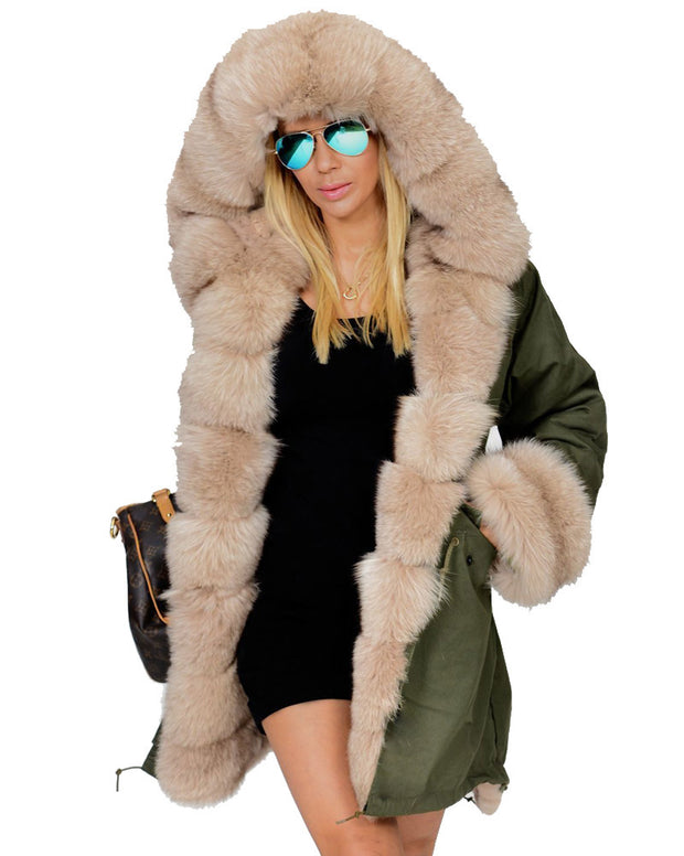 Roiii Thickened Warm Milk Beige Faux Fur Casual Parka Fashion Luxury Women Hooded Long Winter Jacket Overcoat EU SIZE S-2XL-3XL