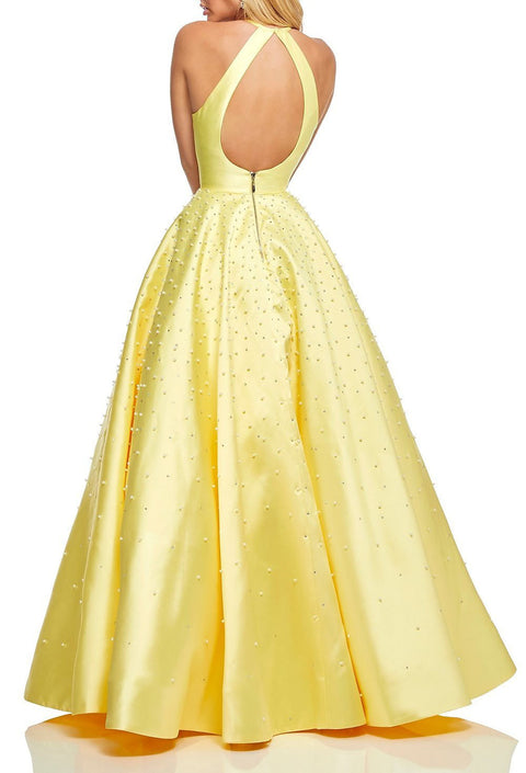 Roiii backless Embedding pearls floor-length long dresses party dresses yellow